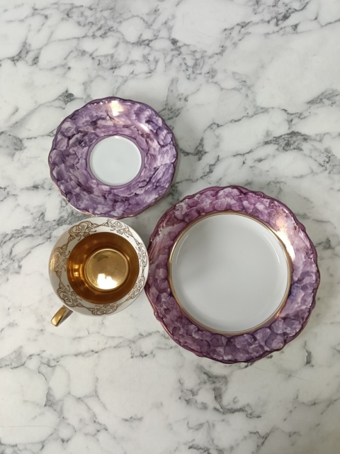Zestaw śniadaniowy trio Bogucice marmurek fiolet vintage PRL
