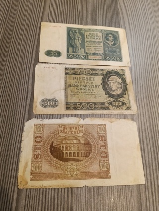 Banknoty polskie z czasów okupacji niemieckiej 3 sztuki.