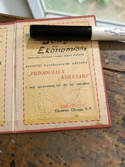 Legitymacja przodujący kolejarz 1954 p0